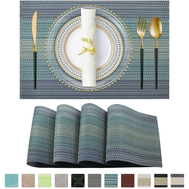 Placemats, Woven Cross Weave Place Mats for Dining Table Mats, PVC Vinyl Kitchen Mat, Light Blue