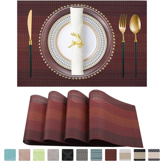Placemats, Woven Cross Weave Place Mats for Dining Table Mats, PVC Vinyl Kitchen Mat, Red Gradient Placemats Set of 4, 12x18 Inch