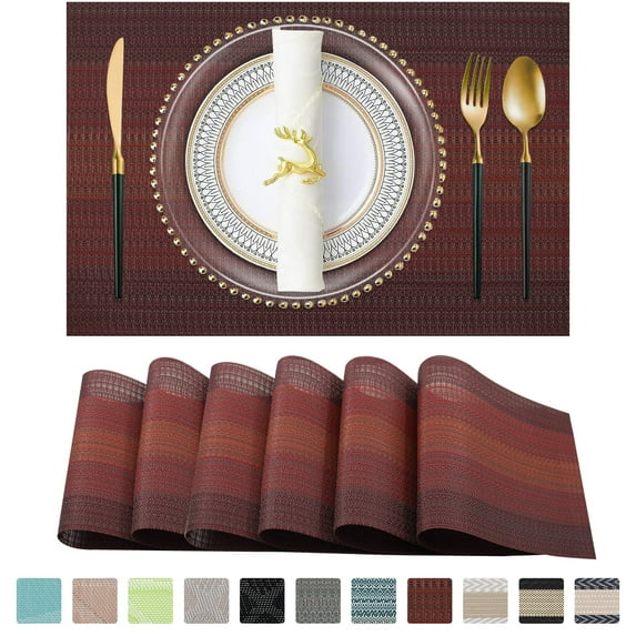 Placemats, Woven Cross Weave Place Mats for Dining Table Mats, PVC Vinyl Kitchen Mat, Red Gradient Placemats Set of 6, 12x18 Inch