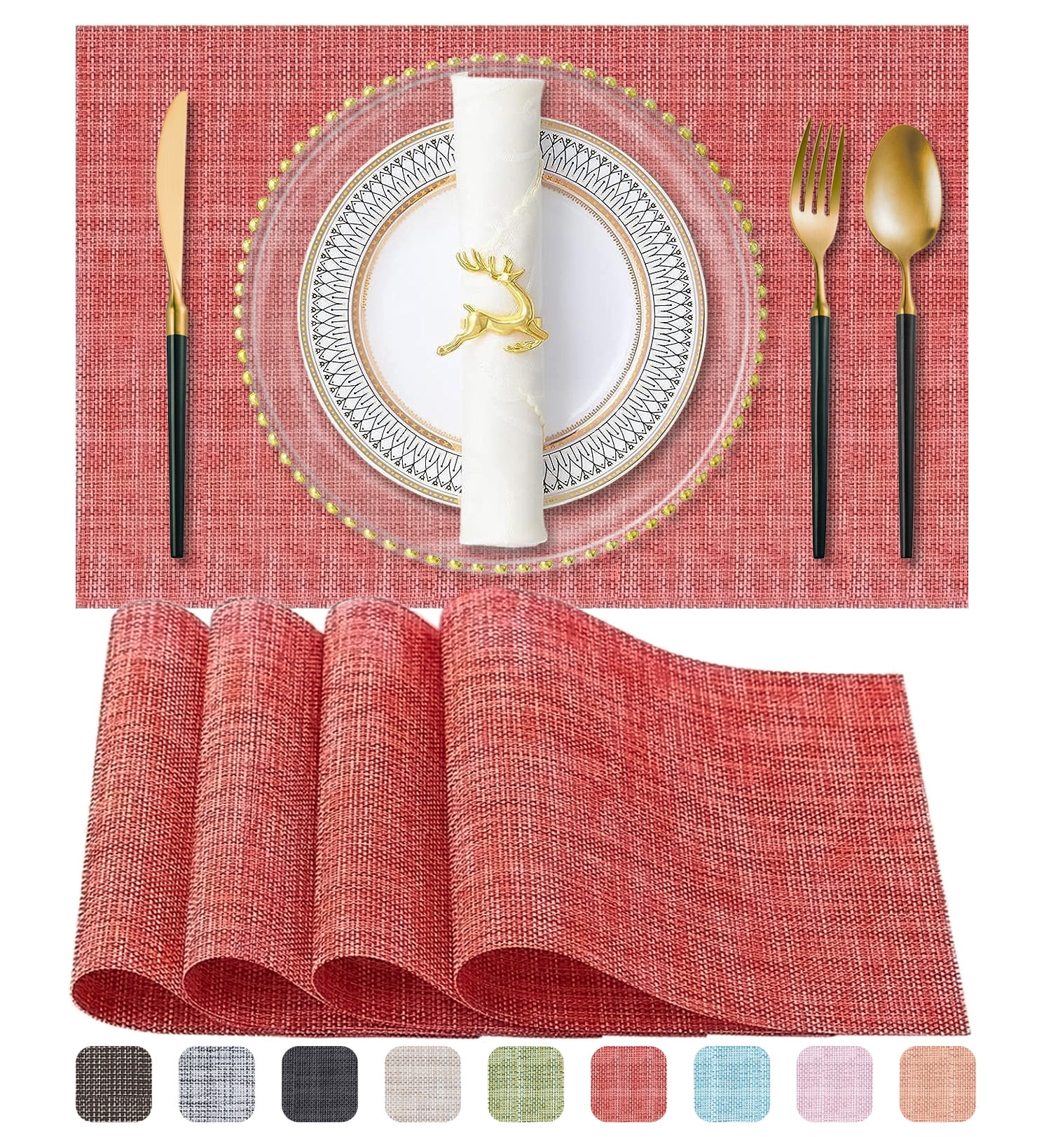 Heat Resistant PVC Vinyl Kitchen Placemats, 12x18 Inch, Red Woven Cross