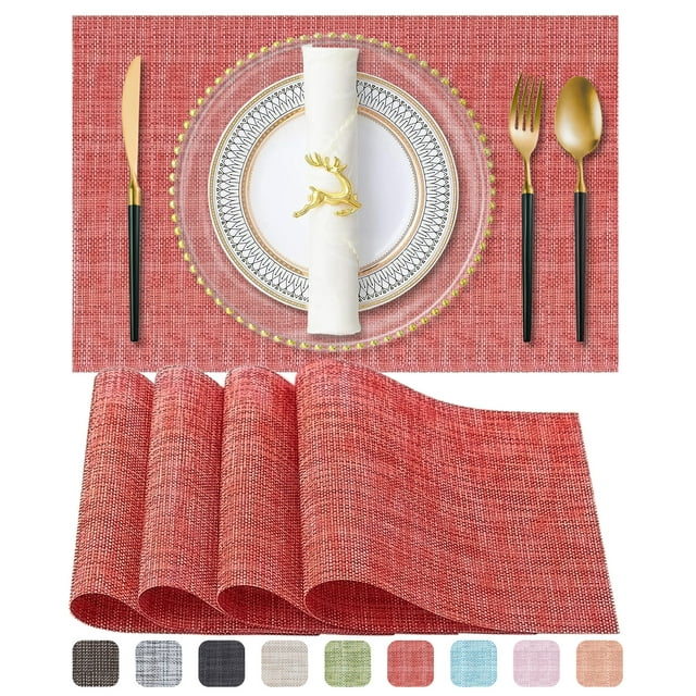 Heat Resistant PVC Vinyl Kitchen Placemats, 12x18 Inch, Red Woven Cross Weave Dining Table Mats