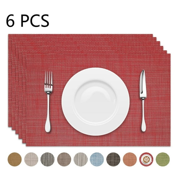 Astarin Placemats, Woven Crossweave Placemat for Dining Table, PVC, Vinyl Kitchen Mat, Set of 6, 12 x 18 Inches, Red