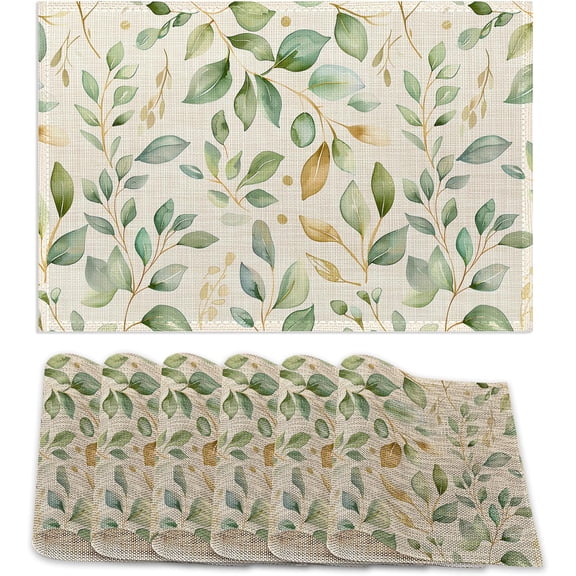 Placemats12x18 Inch,Eucalyptus Leaves Placemats,Sage Green Leaf Kitchen Dining Coffee Table Mats Set of 6 for Home Indoor Outdoor Party