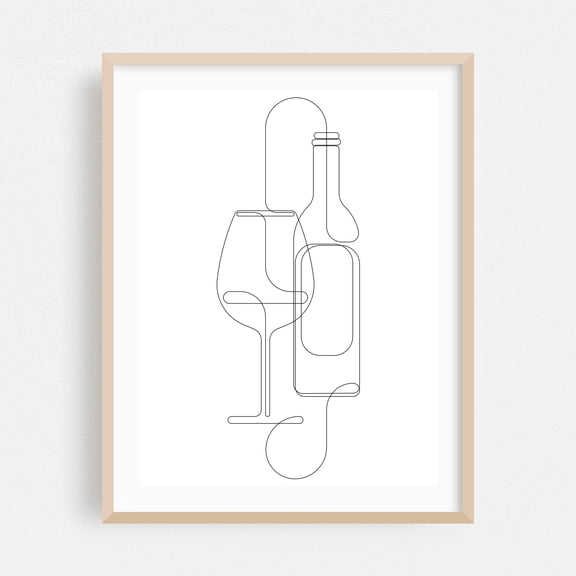 Placidity - one line wine - Line Drawing Line Art Minimalist Abstract Kitchen Decor Modern Art Bar Oak Framed Wall Art Print 30 x 40 inches