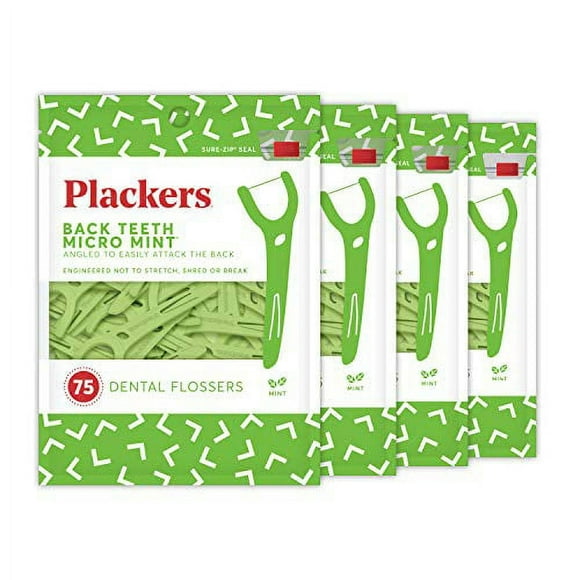 Plackers Back Teeth Micro Mint Dental Floss Picks, 75 Count (Pack of 4)