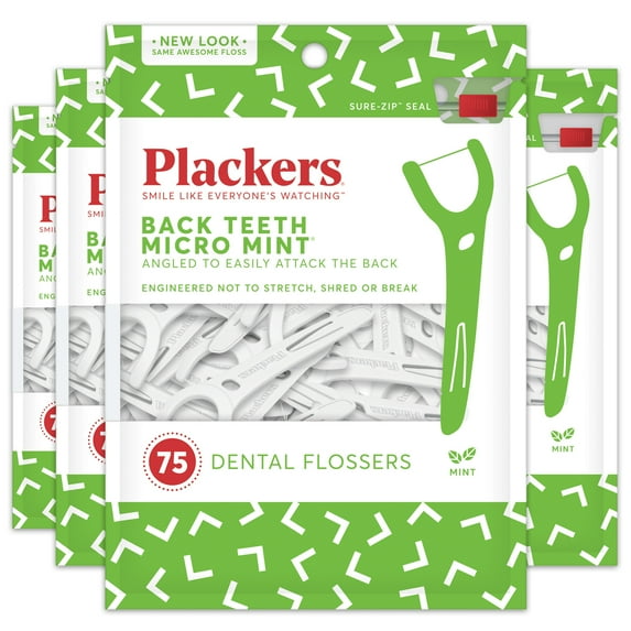 Plackers Back Teeth Micro Mint Dental Flossers, Provides Easy Access for Back Teeth, Built-in Protected Pick, Easy Storage, Delicious Mint Flavor, 75 Count (Pack of 4)