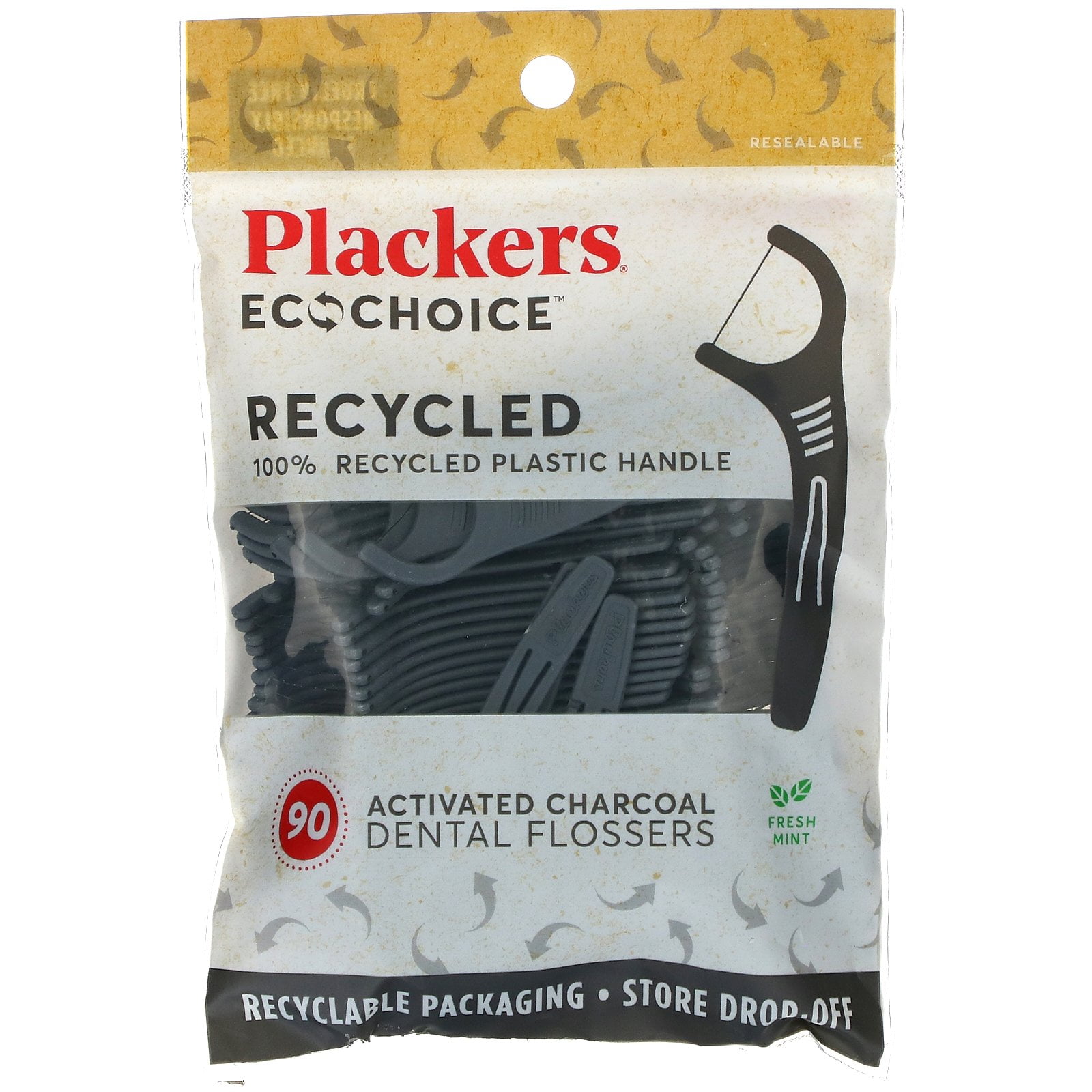 Plackers EcoChoice, Activated Charcoal Dental Flossers, Fresh Mint, 90 Count