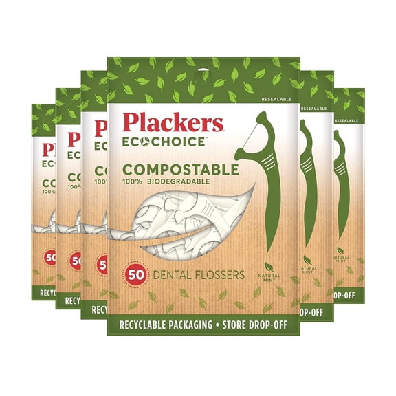 Plackers EcoChoice Compostable Dental Flossers, Sustainably Sourced, BPA Free, Recyclable Packaging, Natural Mint Flavor 50 Count (Pack of 6)