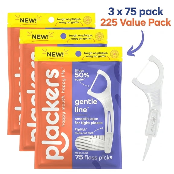 Plackers Gentle Line Floss Picks, Fresh Mint Flavor, Fold-Out FlipPick, 225 Count Value Pack