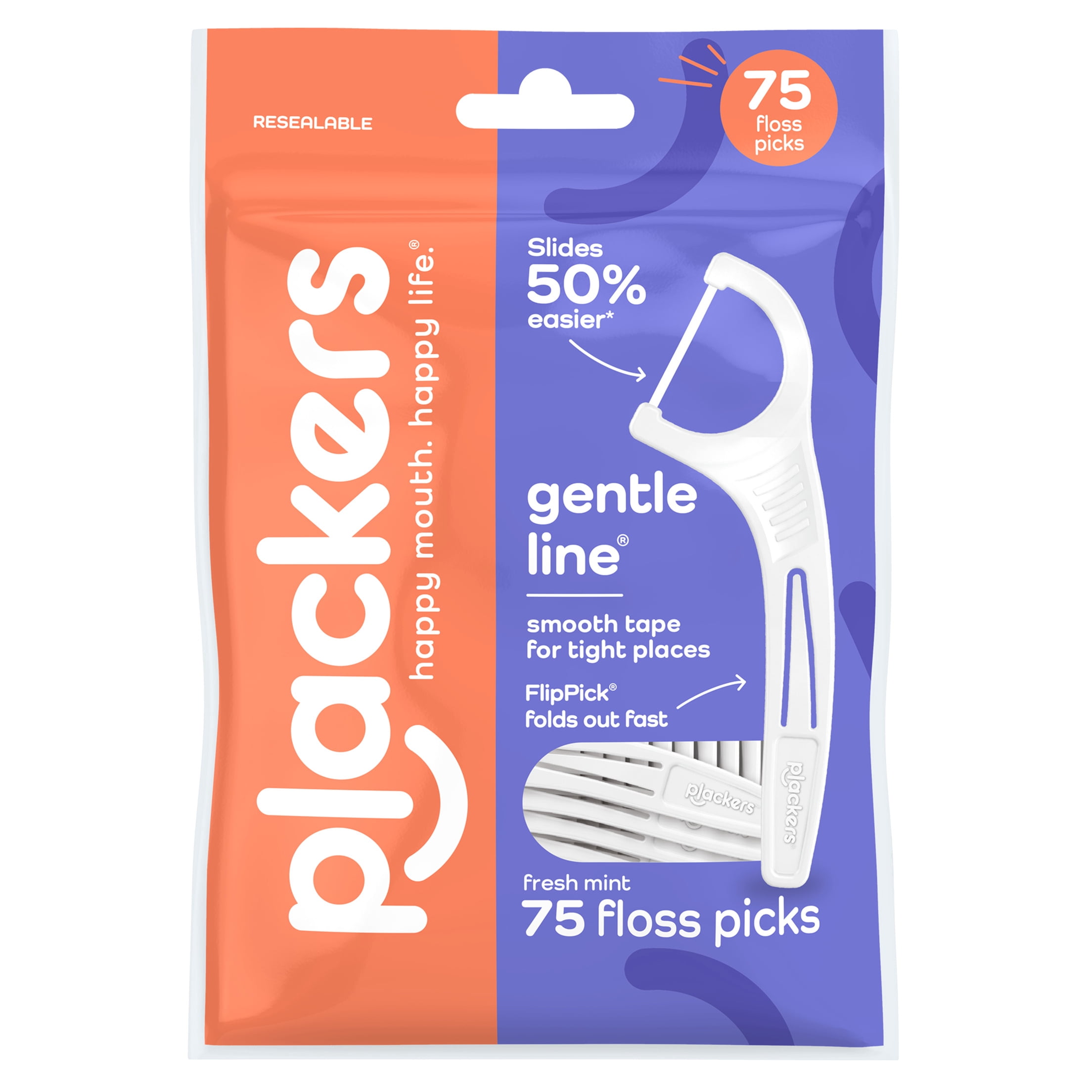 Plackers� Gentle Line� Floss Picks, Super Soft, GentleSlide� Fiber Slides Easily Between Teeth, Fresh Mint, 75 Count