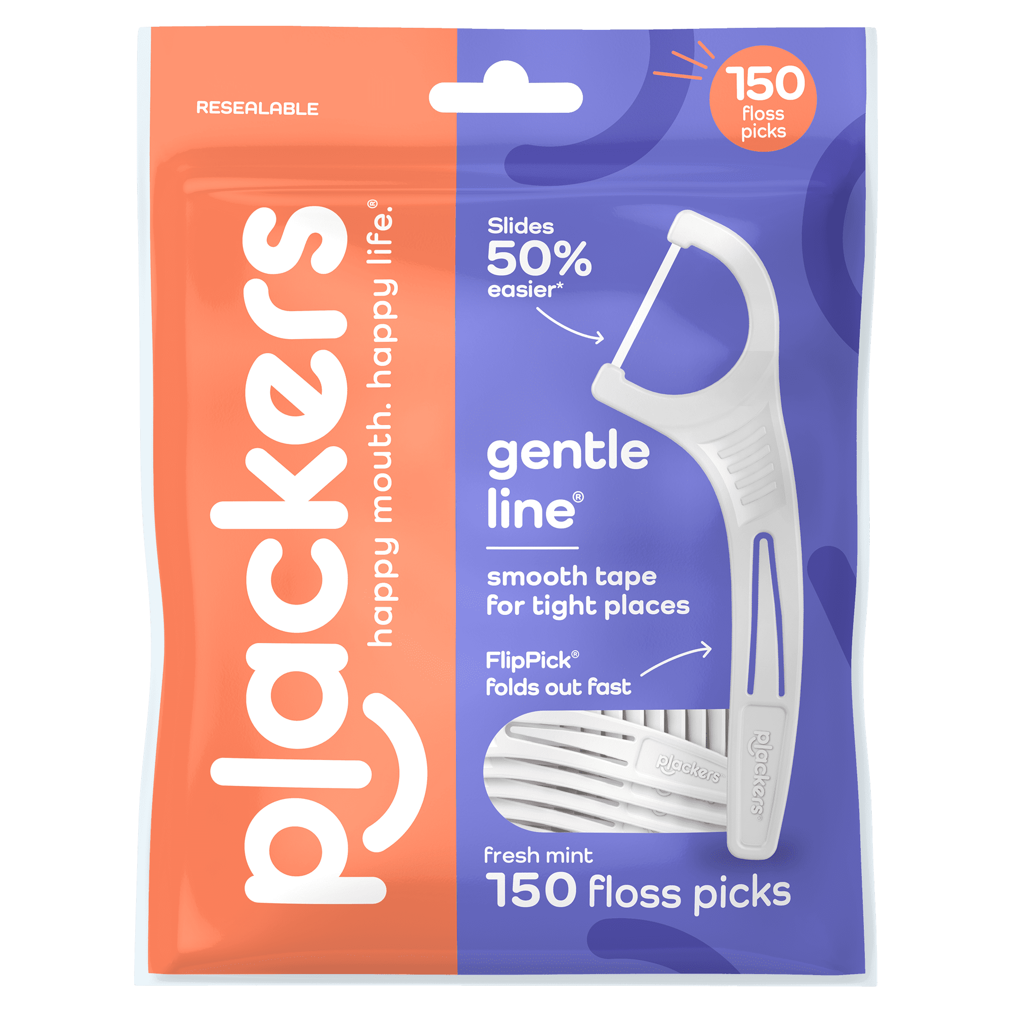 Plackers Gentle Line Floss Picks, Super Soft, GentleSlide Fiber Made Without , Slides Easily Between Teeth, Fresh Mint, 150 Count