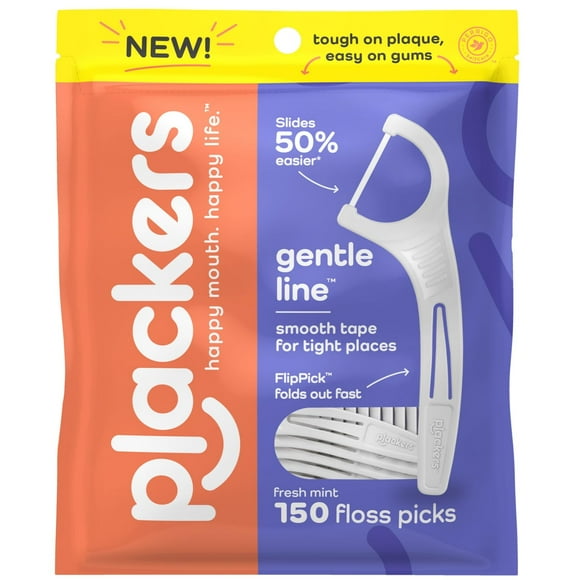 Plackers Gentle Line Floss STF9Picks, Fresh Mint Flavor, Fold-Out FlipPick, QuickFix Grip, Easy Storage with Sure-Zip Seal, 150 Count