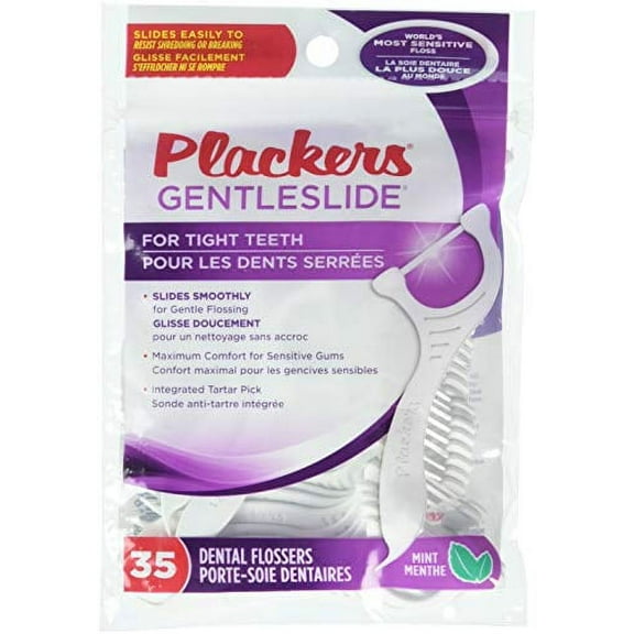Plackers Gentleslide for Tight Teeth Cool Mint Flavor with Tarter Pick 35 Dental Flossers for Clean Teeth and Healthy Gums (1 Each)