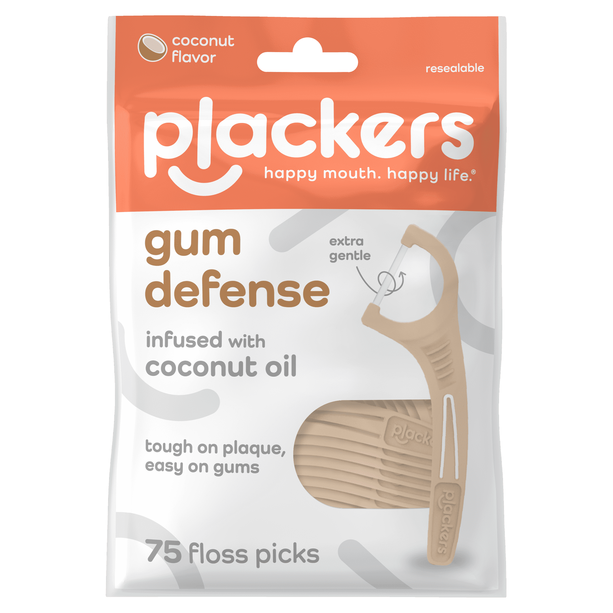 Plackers Gum Defense Floss Picks with Coconut Oil, Refreshing Coconut Flavor, Gentle, 75 Count
