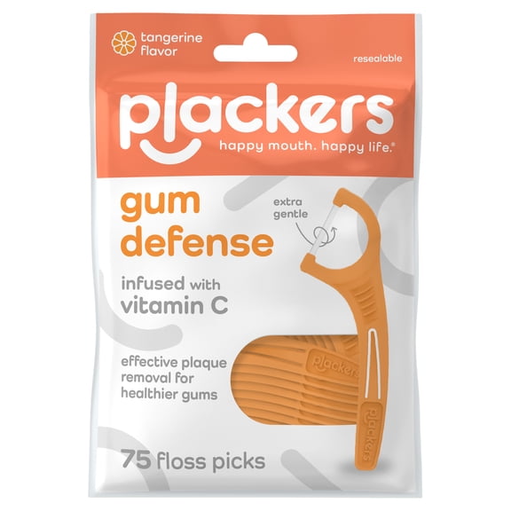 Plackers Gum Defense Floss Picks with Vitamin C, Energizing Tangerine Flavor, GentleFloss, 75 Count