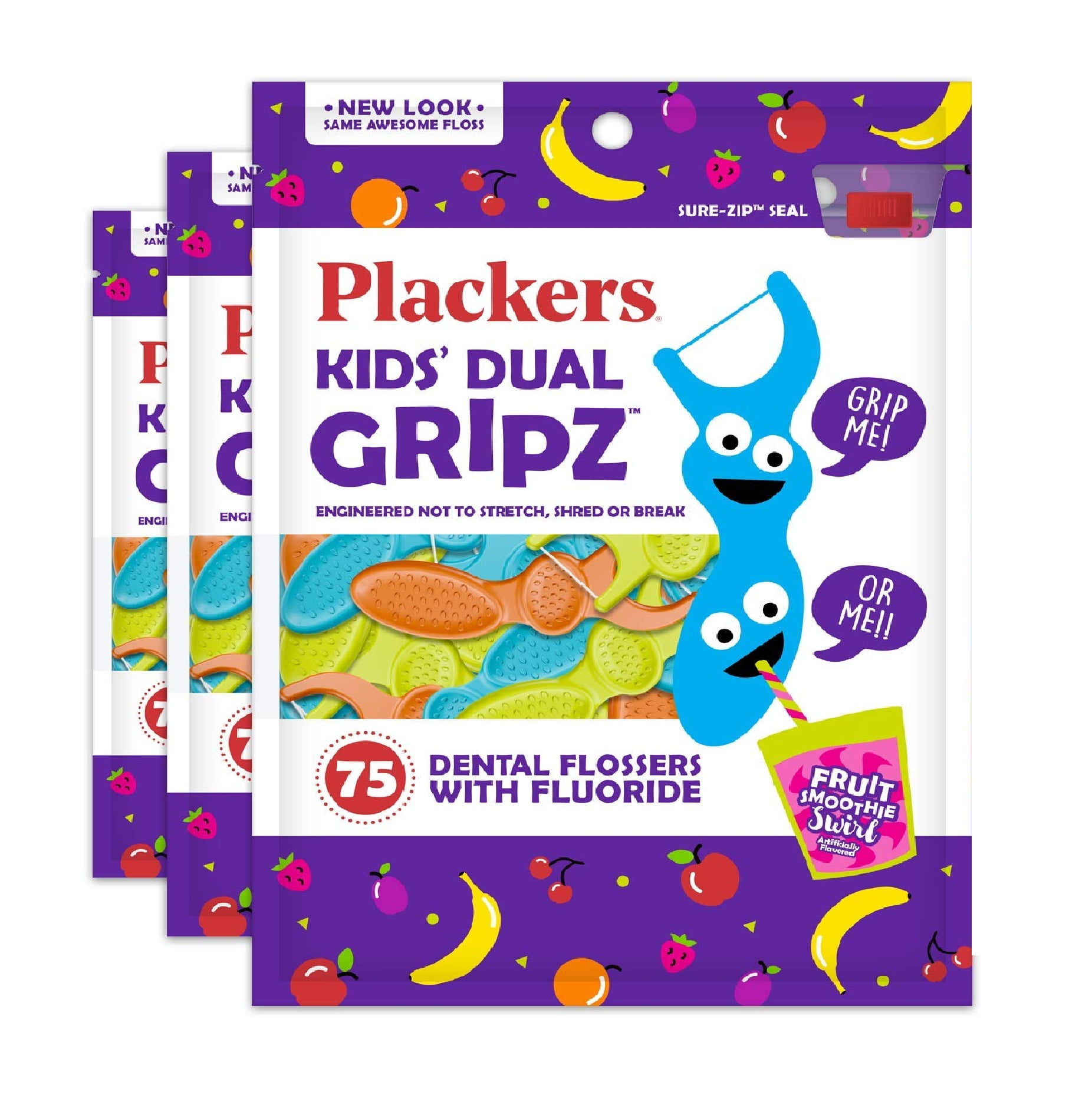 Plackers Kids Dental Floss Picks, 75 Count - 3 pack