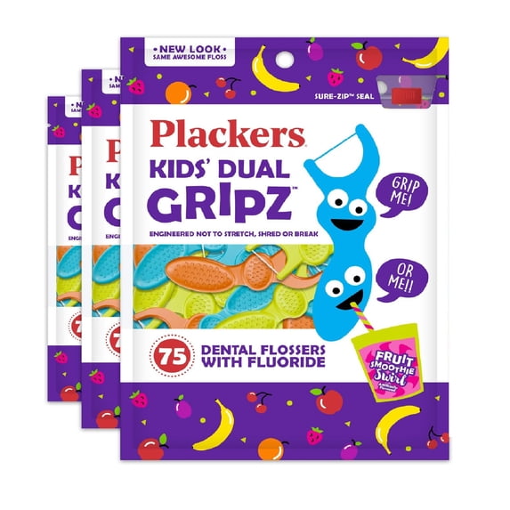 Plackers Kids Dental Floss Picks, 75 Count - 3 pack