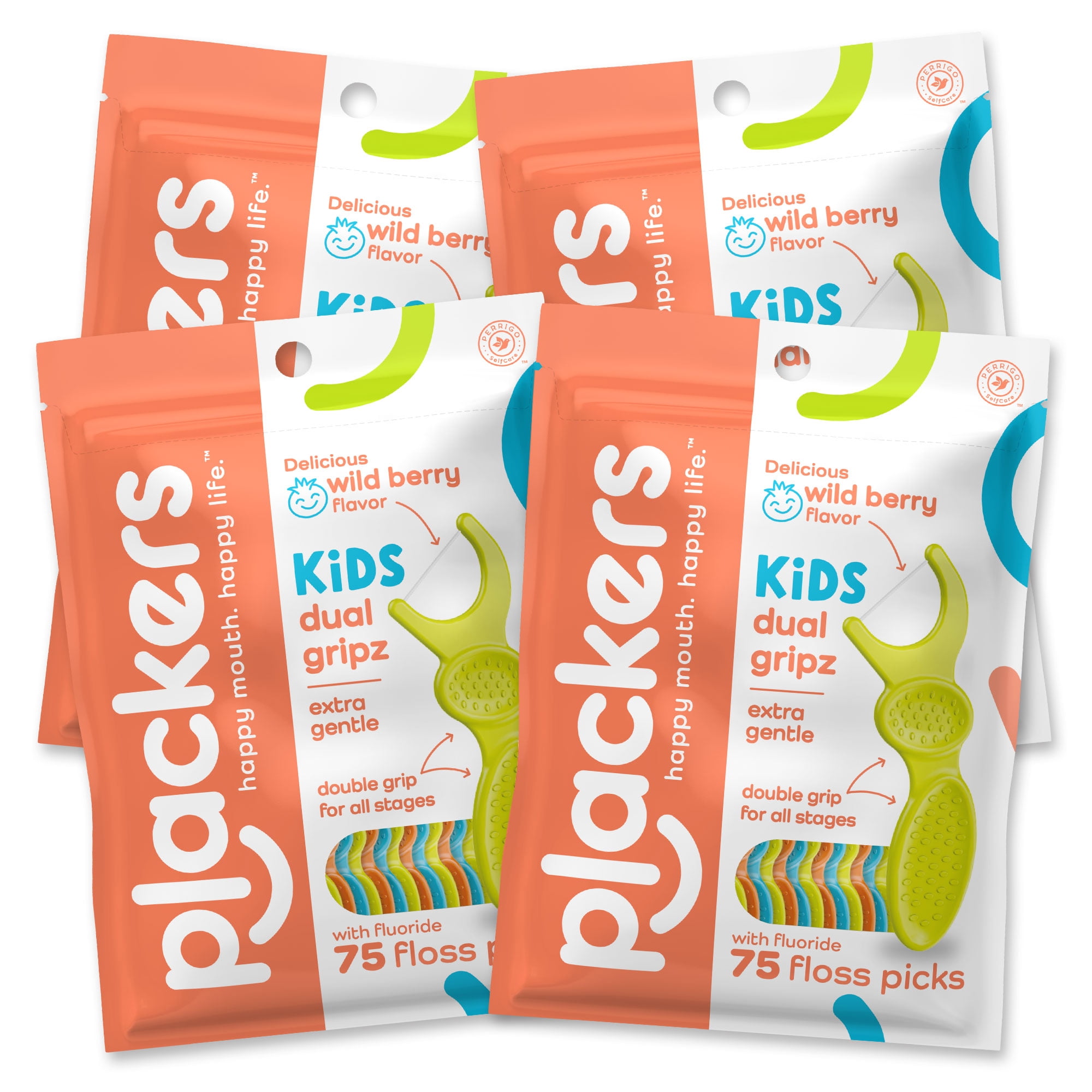 Plackers Kids Dual Gripz Floss Picks, Wild Berry Flavor Flossers for Kids of All Ages, 75 Count (Pack of 4)