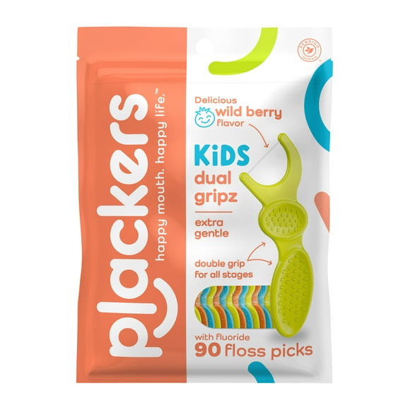 Plackers Kids Dual Gripz Floss Picks with Double Grip Handle, Wild Berry Flavor, 90 Count