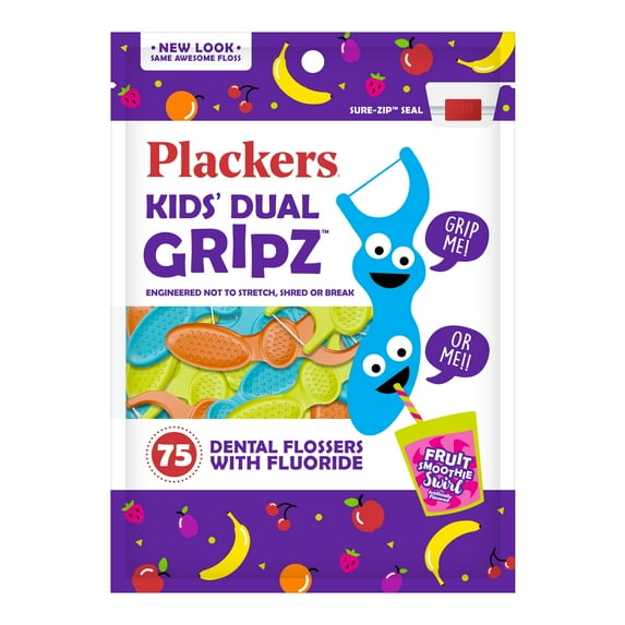 Plackers Kids Dual Gripz Floss Picks with Double Grip handle, Wild Berry Flavor, Colorful Floss Picks for Kids of All Ages, 75 Count