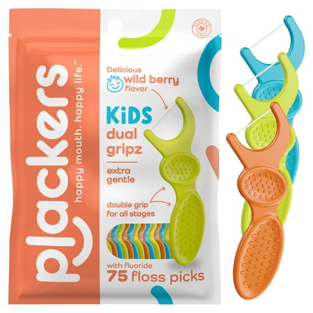 Plackers Kids Dual Gripz Floss Picks with Double Grip handle, Wild Berry Flavor, Colorful Floss Picks for Kids of All Ages, 75 Count