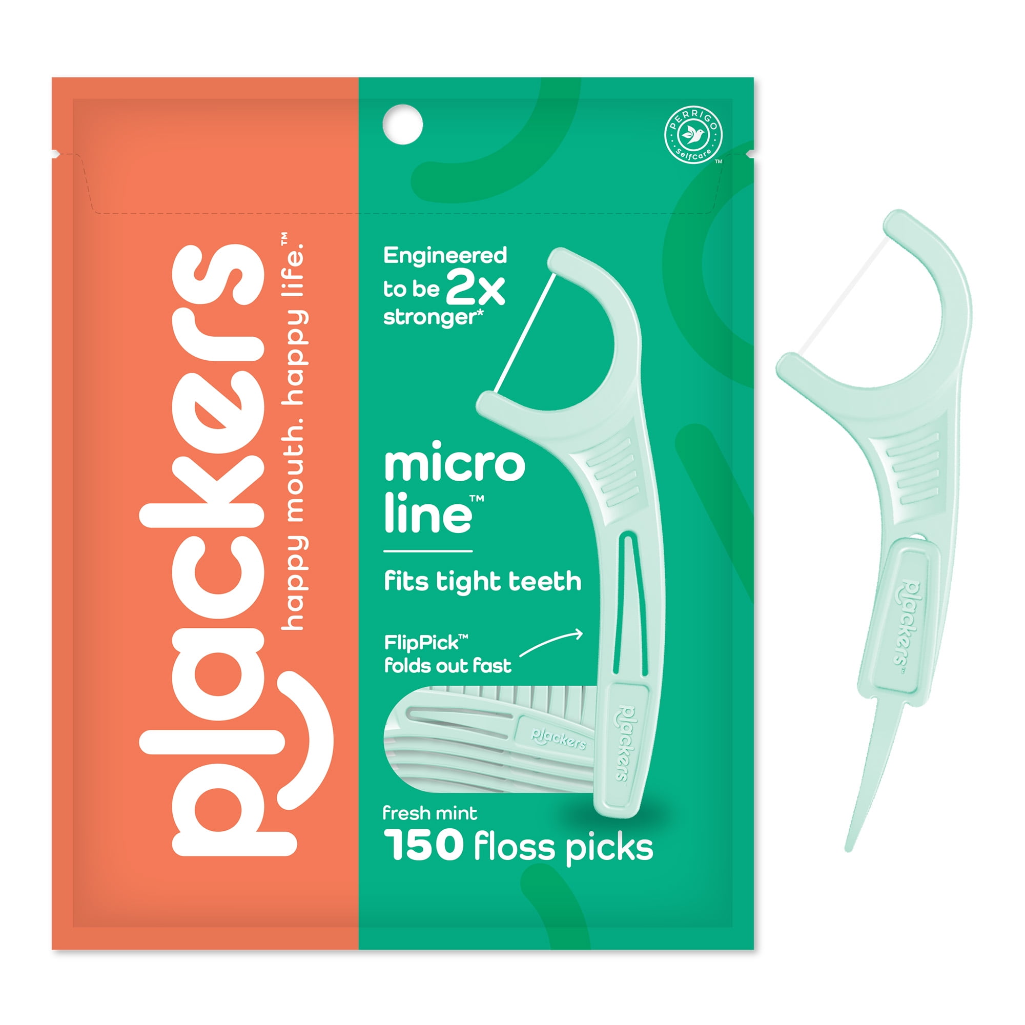 Plackers Micro Line Dental Floss Picks, Fold-Out FlipPick, Tuffloss, Easy Storage with Sure-Zip Seal, Fresh Mint Flavor, 150 Count