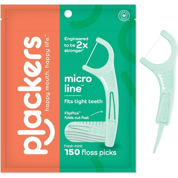 Plackers Micro Line Dental Floss Picks, Fold-Out FlipPick, Tuffloss, Easy Storage with Sure-Zip Seal, Fresh Mint Flavor, 150 Count