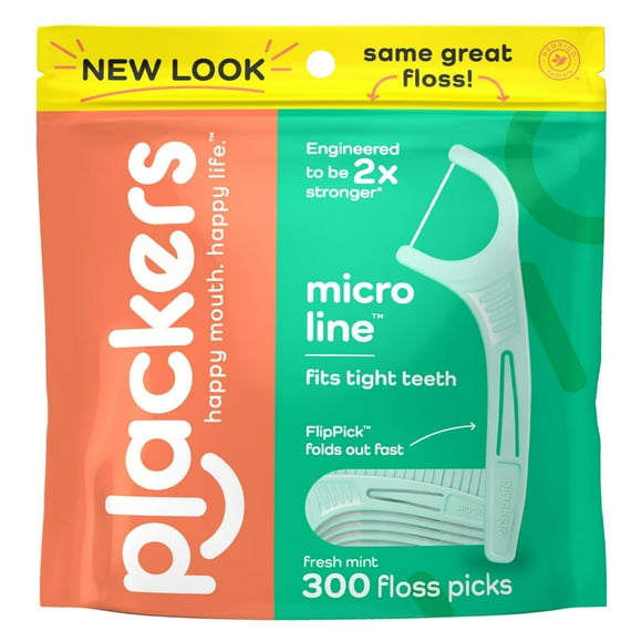 Plackers Micro Line Dental Floss Picks, Fold-Out FlipPick, Tuffloss, Easy Storage with Sure-Zip Seal, Fresh Mint Flavor, 300 Count C17