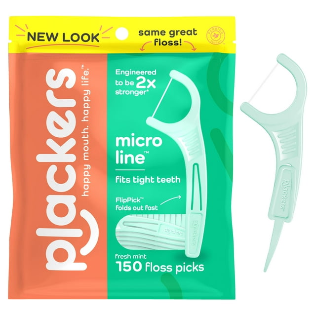 Plackers Micro Line Dental Floss Picks, Fold-Out FlipPick, Tuffloss, Fresh Mint Flavor, 150 Count