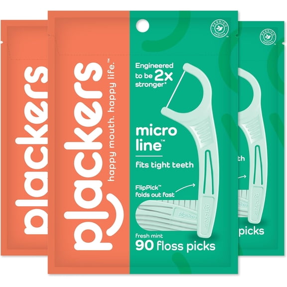 Plackers Micro Mint Dental Floss Picks, 90 Count, Pack of 3
