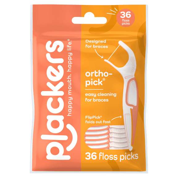 Plackers Orthopick Floss Picks, Unflavored, Designed for Braces, Fold-Out FlipPick, Tuffloss, Easy Storage with Sure-Zip Seal, 36 Count