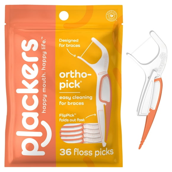 Plackers Orthopick Floss Picks, Unflavored, Designed for Braces, Fold-Out FlipPick, Tuffloss, Easy Storage with Sure-Zip Seal, 36 Count