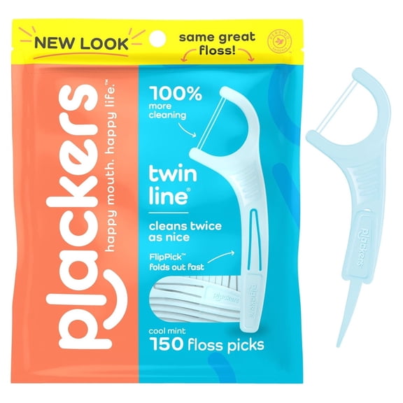Plackers Twin Line Advanced Cleaning Dental Flossers Mint, 150 Count, 6 Pack