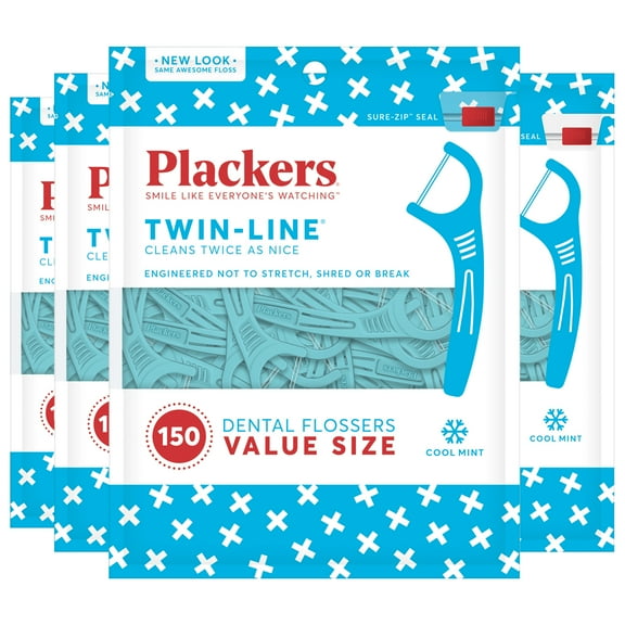 Plackers Twin-Line Dental Floss Picks, Cool Mint, 150 Count (Pack of 4)