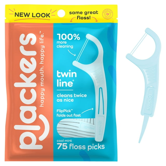 Plackers Twin Line Dental Floss Picks, Dual-Line Tuffloss, Easy Storage, Cool Mint Flavor, 75 Count