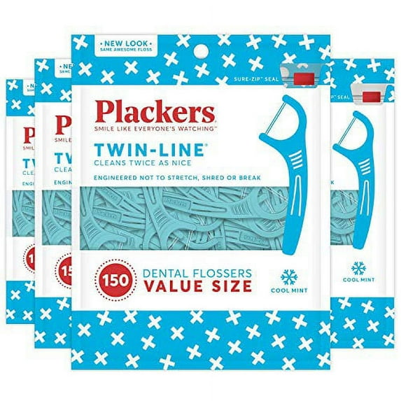 Plackers Twin-Line Dental Flossers, Advanced Whitening and Dual Action Flossing System, Easy Storage, Super Tuffloss, 2X The Clean, Cool Mint Flavor, 600 Count (Pack of 4)