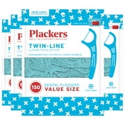 Plackers Twin-Line Dental Flossers, Dual Action Flossing System, Easy Storage, Super Tuffloss, 2X The Clean, Cool Mint Flavor, 150 Count(Pack of 4)