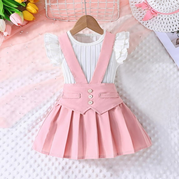 Placlothes 2-Piece Skirt and Cute Tops Outfits for Little Girls and Big Girls Summer Fall Cotton Solid Pink Birthday Sets Kids Size 4 T