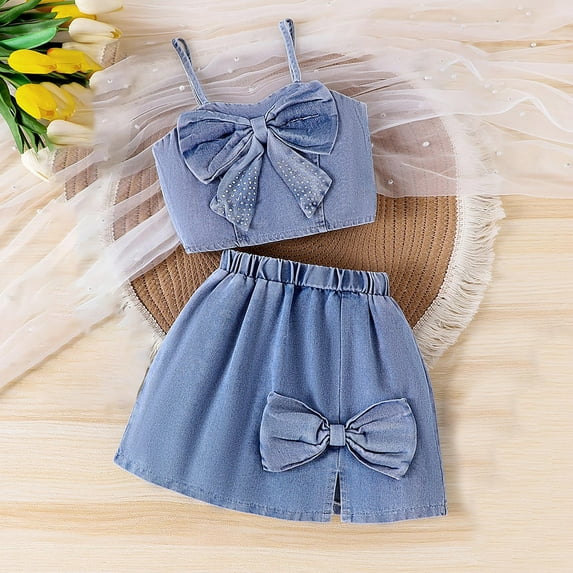 Placlothes Cute Blue Cotton Two Piece Skirt Outfits For Little Girls And Big Girls Summer Fall Sets With Bow Size 3T Birthday Kids Tops And Skirt