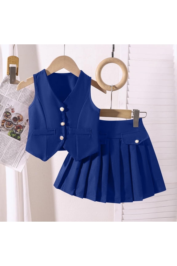 Cute Blue Tank Tops and Skirt Outfits for Little Girls and Big Girls 2 Piece Sets Solid Summer Fall Birthday Kids Size 2 T