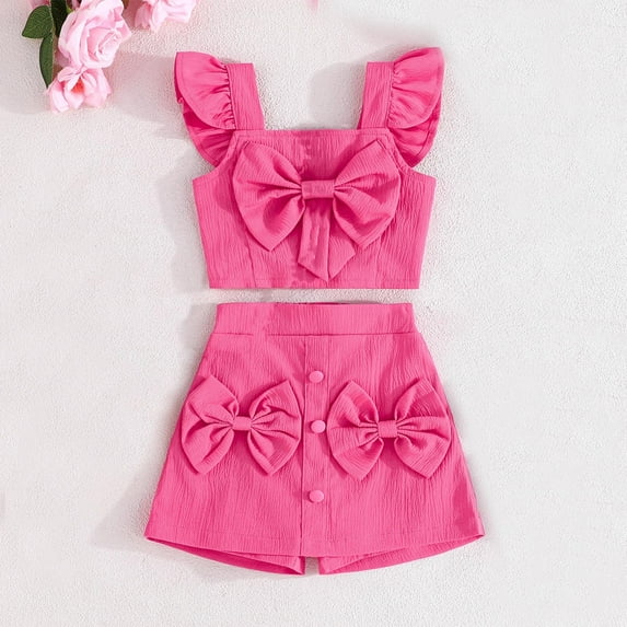 Placlothes Cute Hot Pink Cotton 2 Piece Skirt Outfits For Girls With Bow Solid Sets Little Girls And Big Girls Size 12 Months Summer Fall Birthday Kids Tops And Skirt
