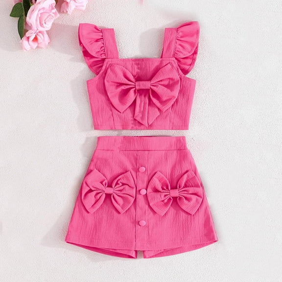 Placlothes Cute Hot Pink Cotton 2 Piece Skirt Outfits For Girls With Bow Solid Sets Little Girls And Big Girls Size 2 T Summer Fall Birthday Kids Tops And Skirt