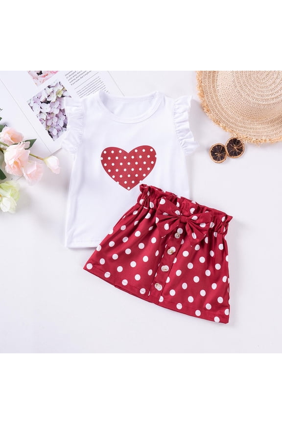 Cute Red Cotton Two Piece Skirt Outfits for Little Girls and Big Girls Summer Fall Sets Size 2 T Birthday Kids Tops and Skirt