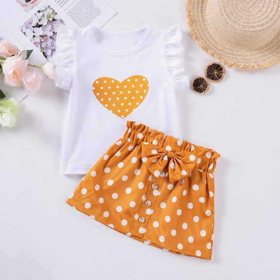 Placlothes Cute Yellow Cotton Two Piece Skirt Outfits for Little Girls and Big Girls Summer Fall Sets Size 5 T Birthday Kids Tops and Skirt