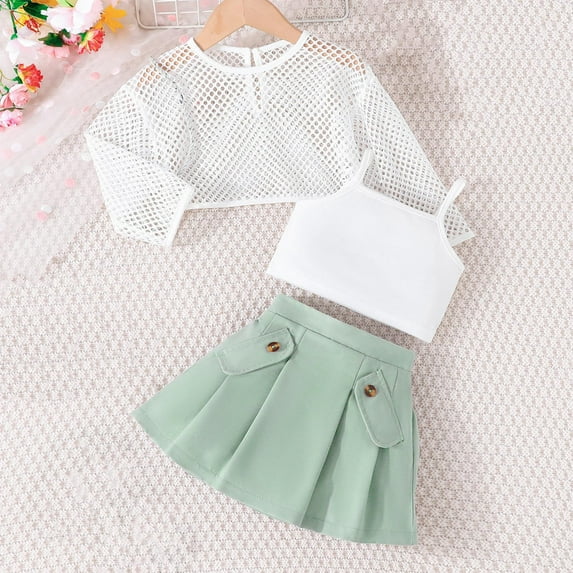 Placlothes Cute tops and skirt for girls 3 piece outfits little girls and big girls summer fall skirt outfits sets Solid Green birthday kids Size 4 T