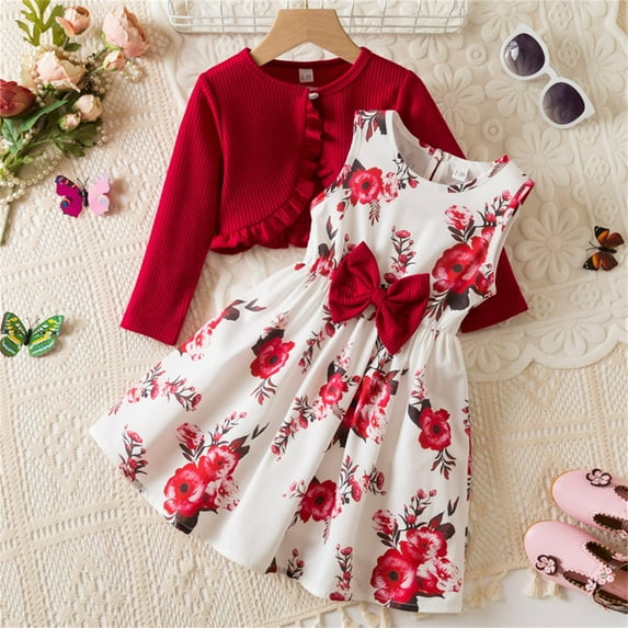 Placlothes Floral 2 Piece Cute Tops and Skirt Outfits for Big Girls and Little Girls Summer Fall Sets with Bow Birthday Kids Red Size 7 T