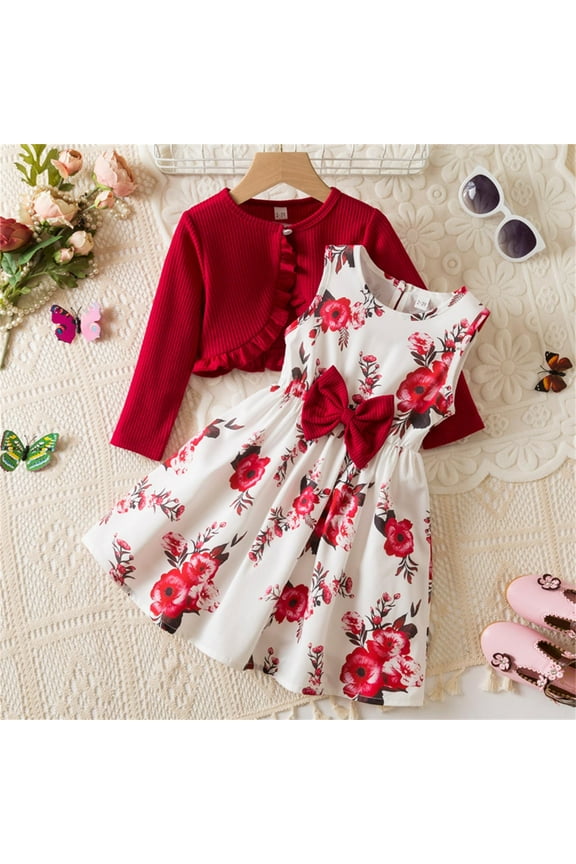 Floral 2 Piece Cute Tops and Skirt Outfits for Big Girls and Little Girls Summer Fall Sets with Bow Birthday Kids Red Size 7 T