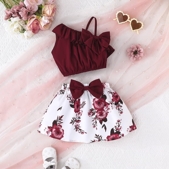 Placlothes Floral 2 Piece Cute Tops and Skirt Outfits for Little Girls Red Size 9 Months Summer Fall Birthday Kids Sets