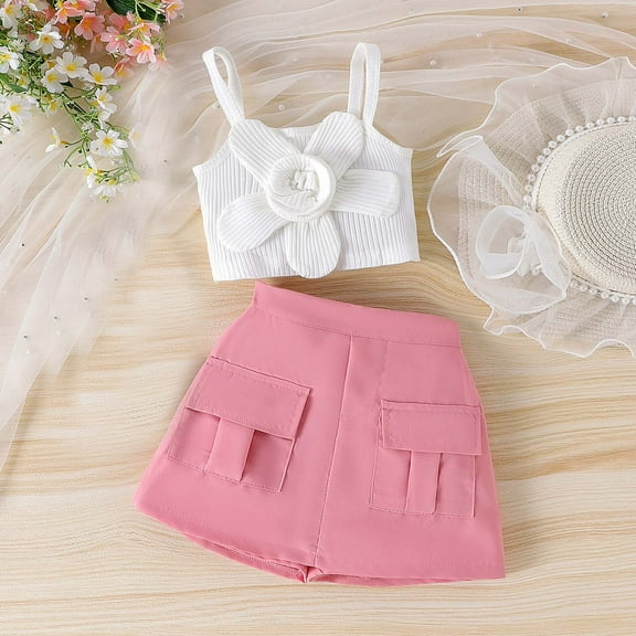 Placlothes Floral Cotton Skirt and Cute Tops Outfits for Little Girls Pink Two Piece Sets Size 1T Summer Fall Birthday Kids