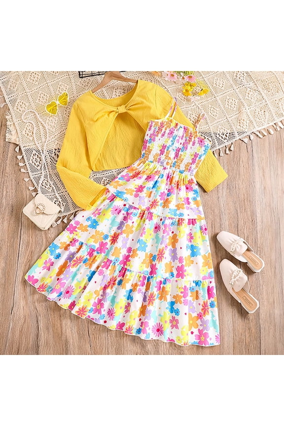 Girls' 2 Piece Outfit 8-13 Years, Yellow Cropped Cardigan & Floral Sundress, Polyester Summer Casual Set for Tween Girls,Size 12-13T